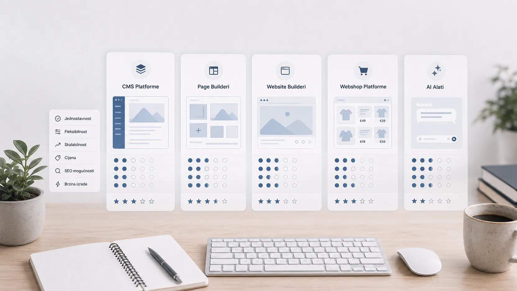 Usporedba CMS platformi, page buildera, website buildera, webshop platformi i AI alata