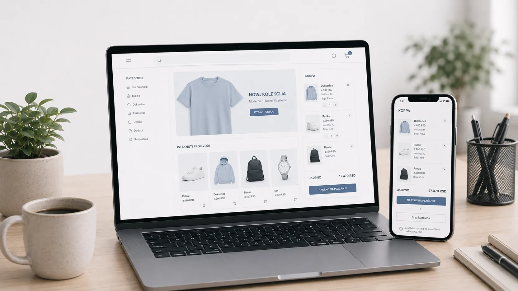 Web shop prikazan na laptopu i mobitelu — katalog proizvoda i košarica